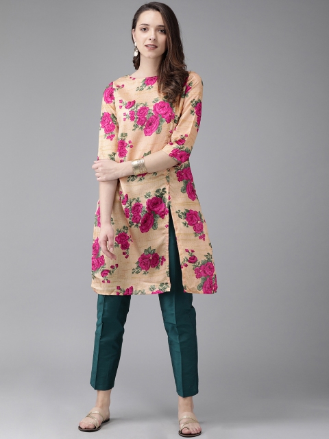 

Anouk Women Beige & Pink Floral Printed Fusion A-Line Kurta