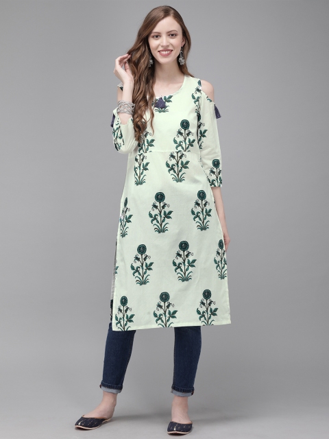 

Anouk Women Off-White & Teal Green Floral Printed Straight Kurta