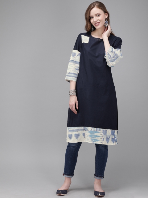 

Anouk Women Navy Blue Solid Straight Kurta With Printed Detail