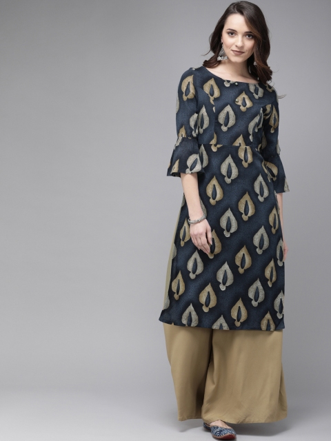 

Anouk Women Teal Blue & Beige Printed Straight Bell Sleeve Kurta