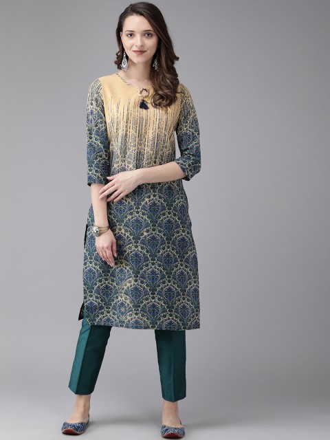 

Anouk Women Teal Green & Beige Printed A-Line Kurta