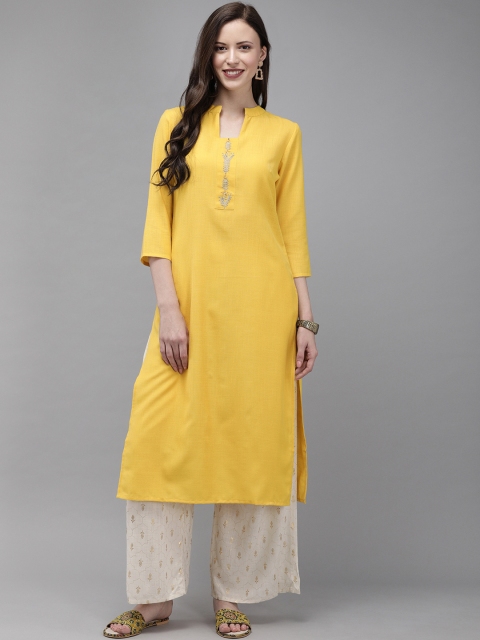 

Anouk Women Yellow Yoke Design Straight Kurta