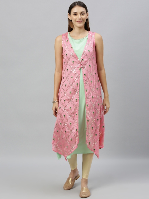 

Anouk Women Pink & Sea Green Solid A-Line Kurta