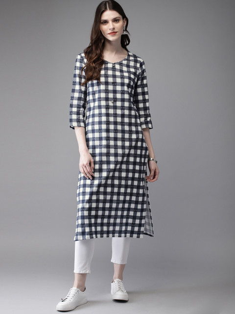 

Anouk Women White & Navy Blue Checked Straight Kurta