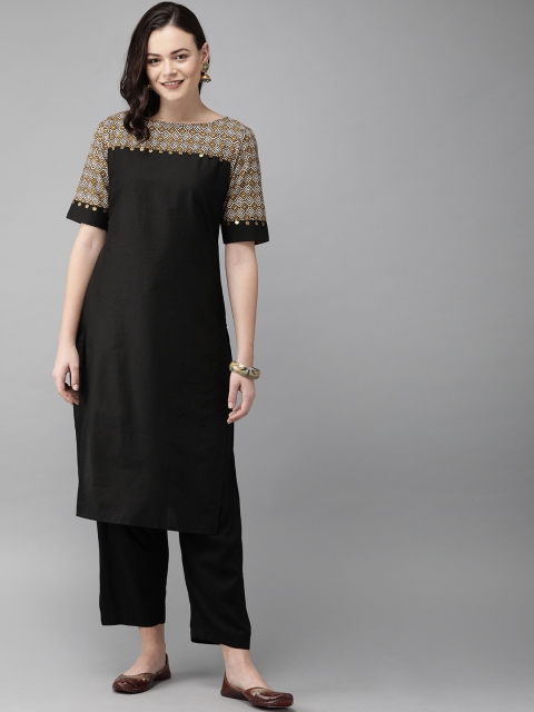 

Anouk Women Black & Beige Solid Straight Kurta with Printed detail