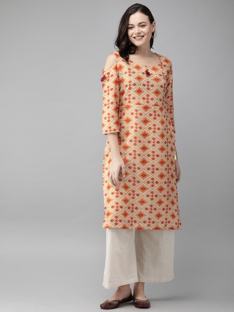

Anouk Women Beige & Orange Printed Straight Kurta