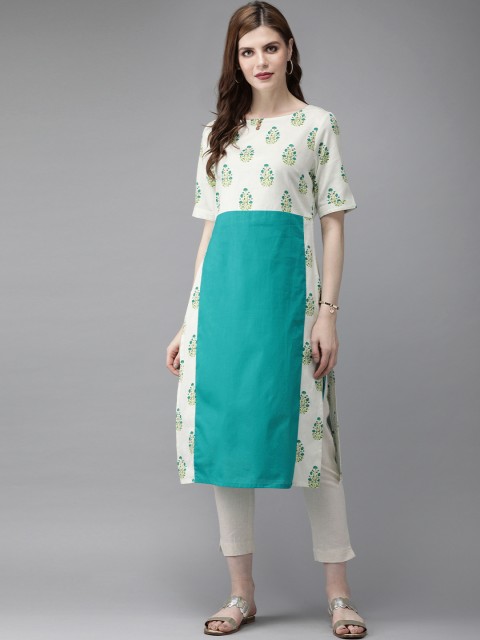 

Anouk Women White & Teal Green Printed Straight Kurta