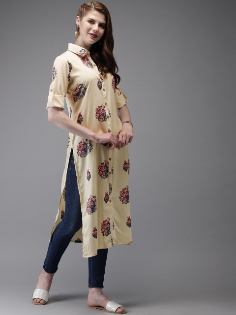 

Anouk Women Beige & Navy Blue Floral Printed Straight Kurta