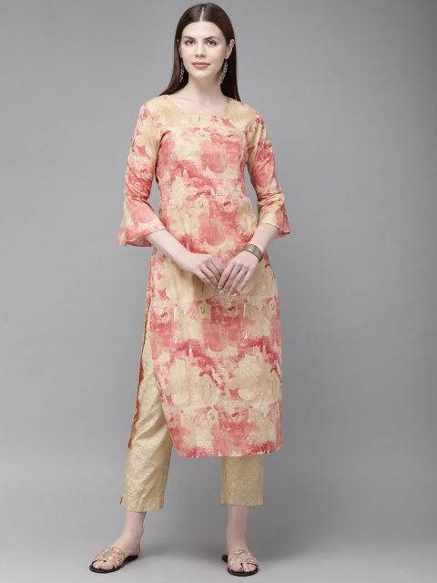 

Anouk Women Peach-Coloured & Pink Floral Printed Straight Kurta