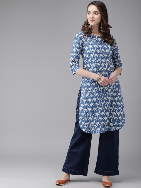 

Anouk Women Blue & Off-White Floral Print A-Line Kurta