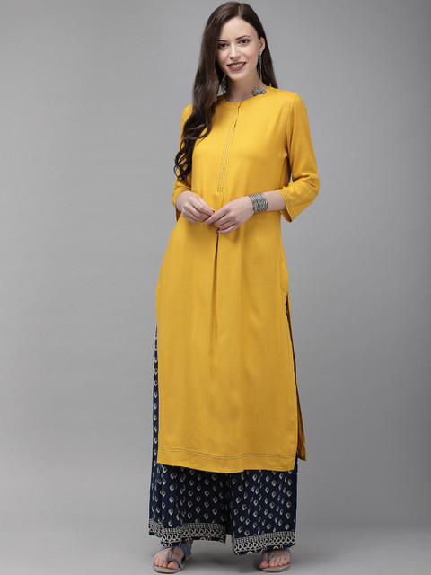 

Anouk Women Mustard Yellow Solid Straight Kurta