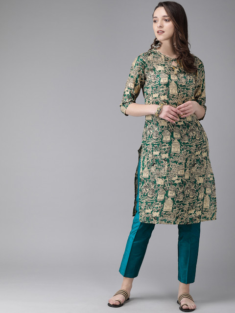 

Anouk Women Teal Green & Beige Quirky Printed A-Line Kurta