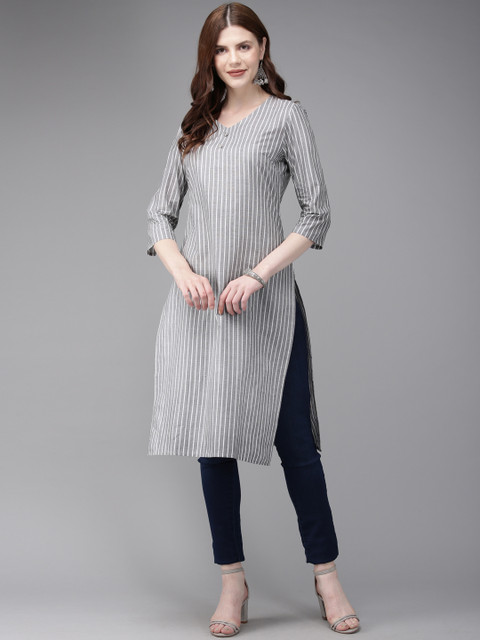 

Anouk Women Grey & White Striped Straight Kurta