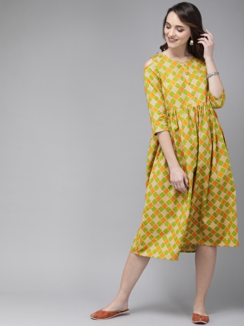 

Anouk Women Beige & Green Printed A-Line Fusion Kurta