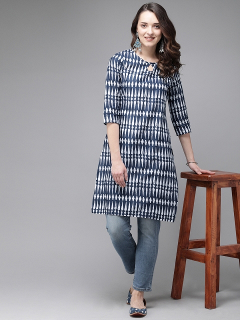 

Anouk Women Navy Blue & White Printed Straight Kurta