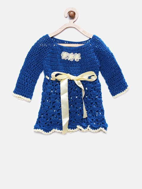 

Magic Needles Infant Blue Self Design Handmade Knit Crochet Sweater Dress