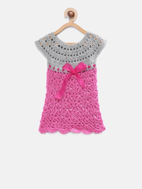 

Magic Needles Infants Pink Self Design Handmade Knit Crochet A-Line Dress