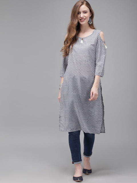 

Anouk Women Grey & White Printed Straight Kurta