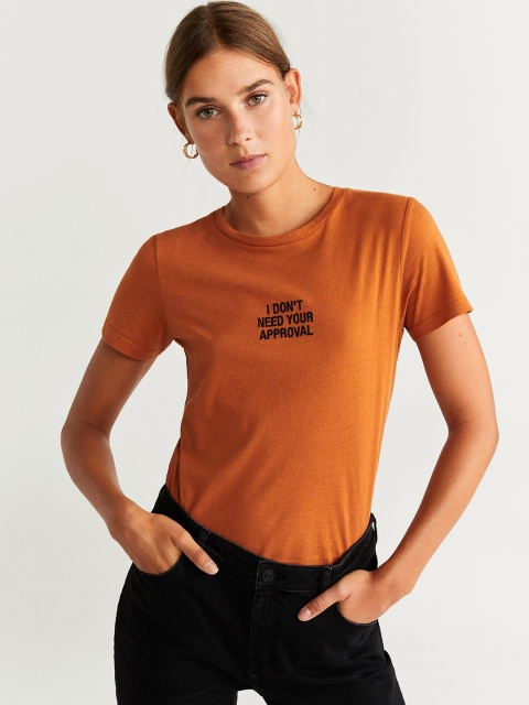 

MANGO Women Rust Orange Solid Round Neck T-shirt