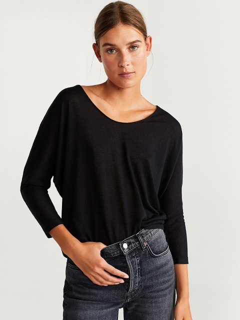 

MANGO Women Black Solid Scoop Neck T-shirt