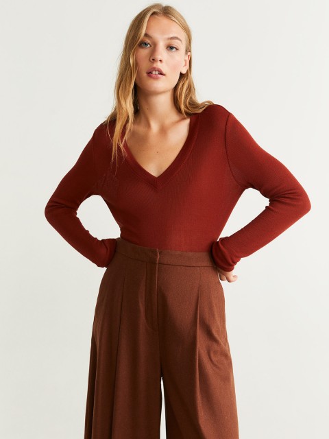 

MANGO Women Rust Brown Solid Regular Top