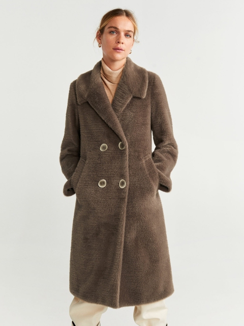 

MANGO Women Brown Solid Faux Fur Trench Coat