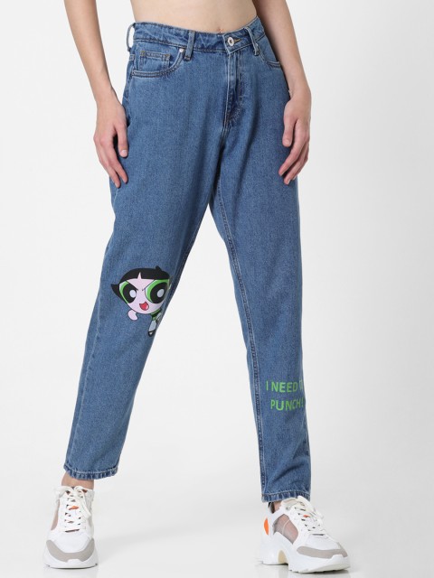 

ONLY Women Blue Lima Straight Fit Power Puff Girls Theme Printed High-Rise Jeans