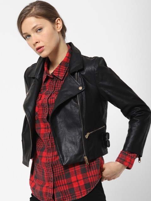 

ONLY Women Black Solid Cropped Biker Jacket