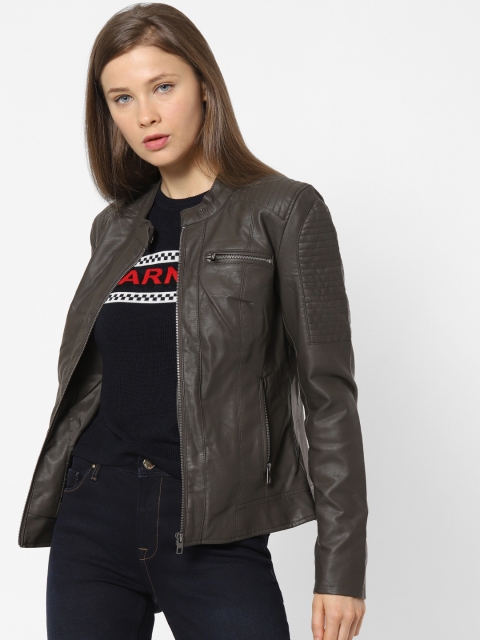 

ONLY Women Olive Brown Solid Biker Jacket
