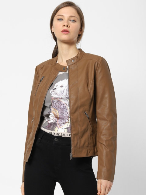 

ONLY Women Tan Brown Solid Biker Jacket