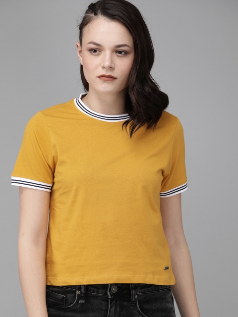 

Roadster Women Mustard Yellow Solid Round Neck Cropped T-shirt