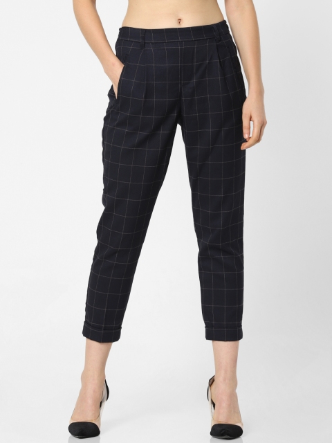 

ONLY Women Blue & Brown Slim Fit Checked Regular Trousers