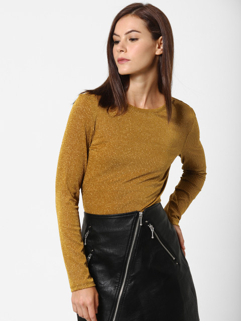 

ONLY Women Mustard Yellow Striped Round Neck T-shirt