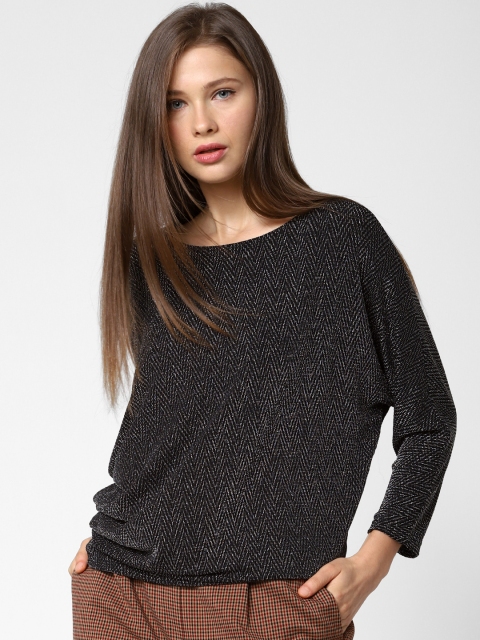 

ONLY Women Black & Silver-Toned Self Design Round Neck T-shirt