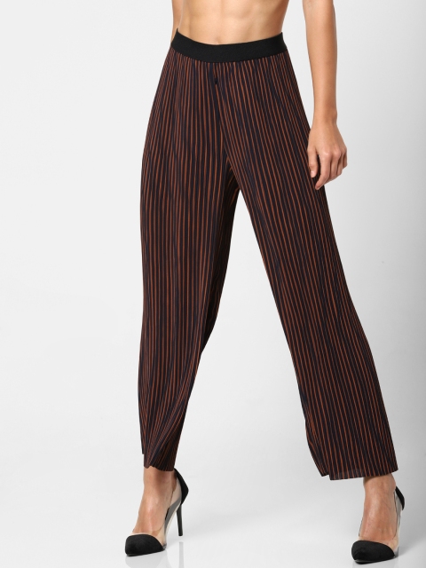 

ONLY Women Navy Blue & Brown Loose Fit Striped Regular Trousers