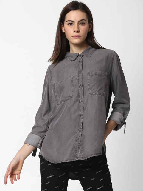 

ONLY Women Grey Slim Fit Solid Casual Denim Shirt