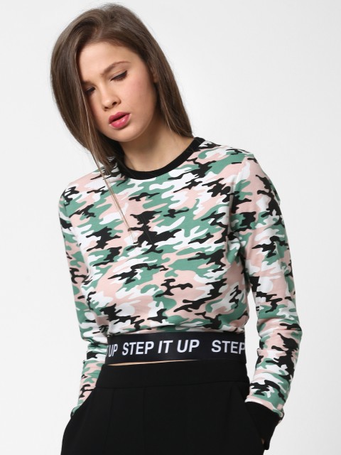 

ONLY Women Green & White Camouflage Printed Cropped Sweatshirt