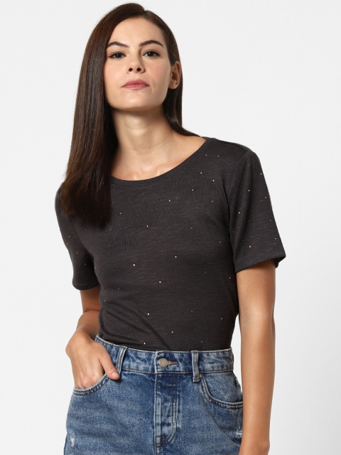 

ONLY Women Charcoal Grey Solid Round Neck T-shirt