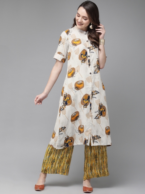 

Anouk Women Off-White & Mustard Yellow Printed Kurta with Palazzos