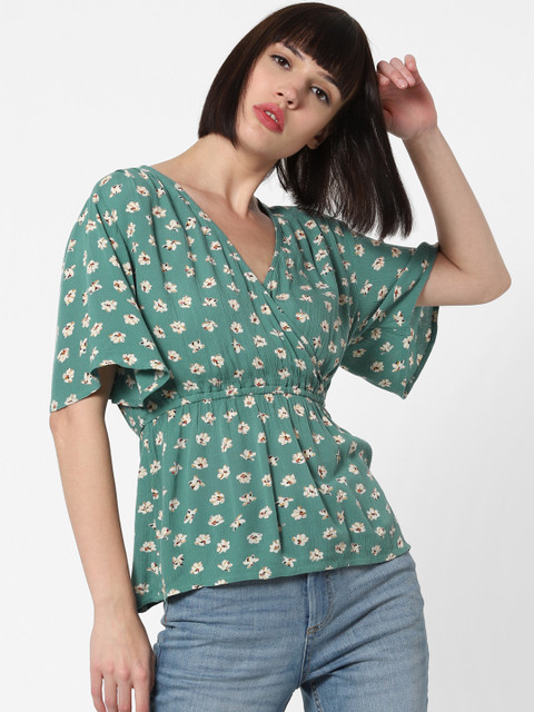 

ONLY Women Teal Green & Off-White Printed Peplum Top