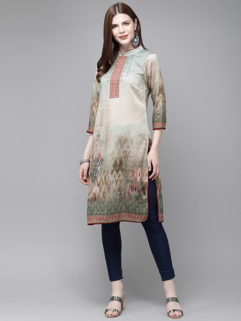 

Anouk Women Beige & Green Printed Straight Kurta