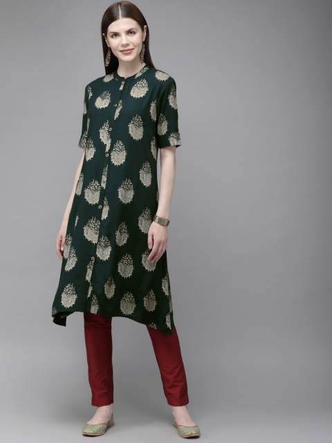 

Anouk Women Green Printed Asymmetric Hemline A-Line Kurta