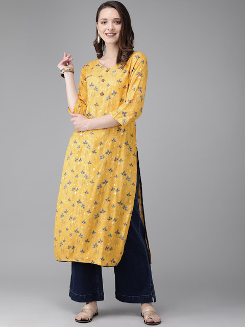 

Anouk Women Yellow & Grey Floral Print A-Line Kurta