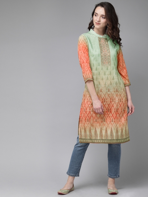 

Anouk Women Sea Green & Pink Printed Straight Kurta