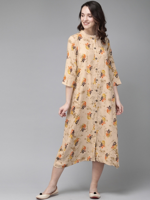 

Anouk Women Cream-Coloured & Mustard Yellow Printed Fusion A-Line Asymmetric Kurta