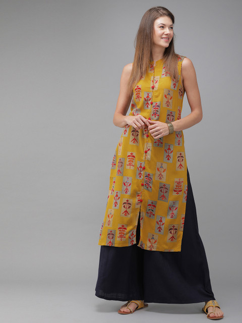 

Anouk Women Mustard Yellow & Red Printed Straight Kurta
