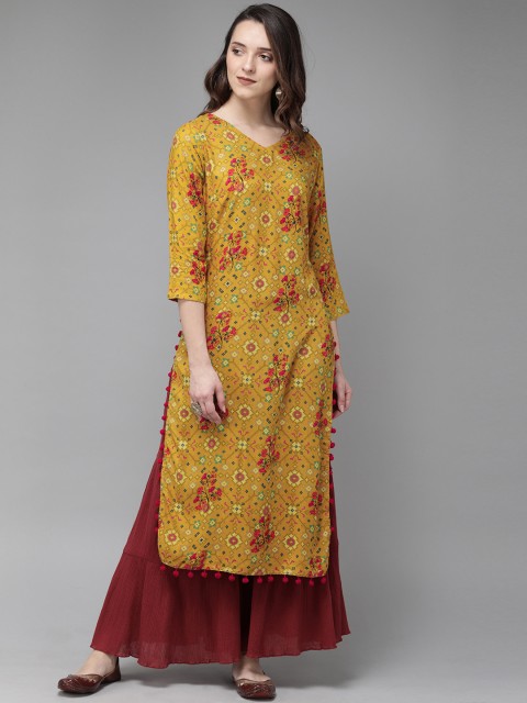 

Anouk Women Mustard Yellow Printed Straight Kurta