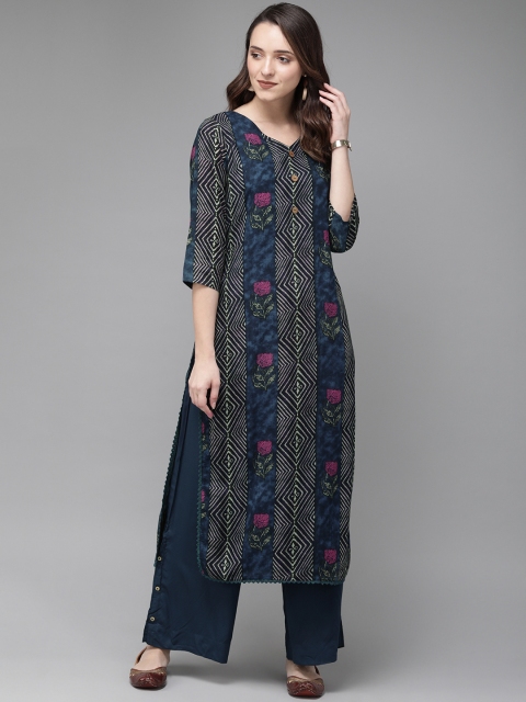 

Anouk Women Navy Blue Floral Print Straight Kurta