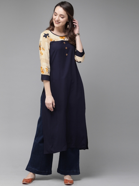 

Anouk Women Navy Blue & Off-White Solid Straight Kurta