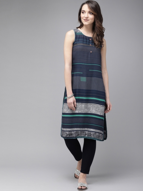 

Anouk Women Navy Blue & Grey Striped Straight Kurta